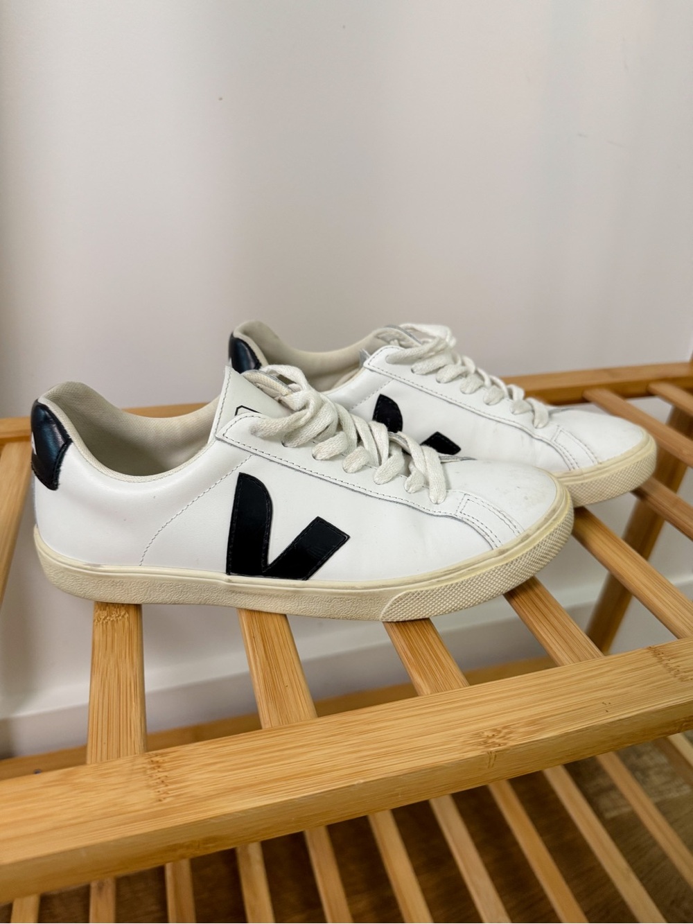 Veja White Esplar Leather Sneakers with Black V Detail